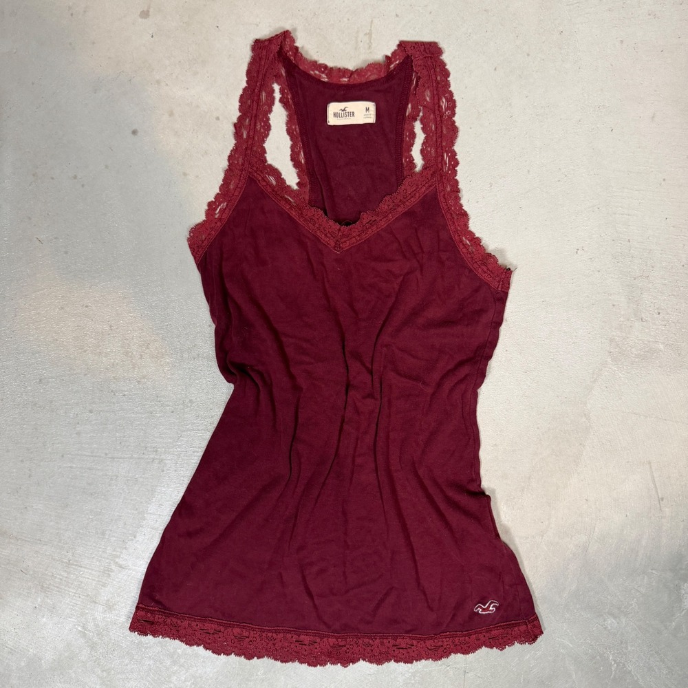vintage Hollister Womens Burgundy Lace Racerback Tank Top Medium Maroon Cotton